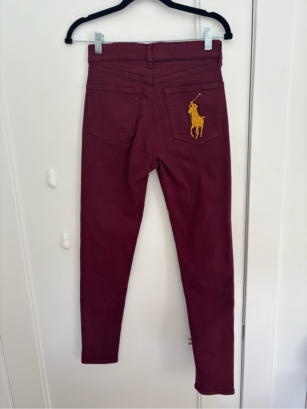 Ralph Lauren Maroon Skinny Jeans with Gold Polo Embroidery